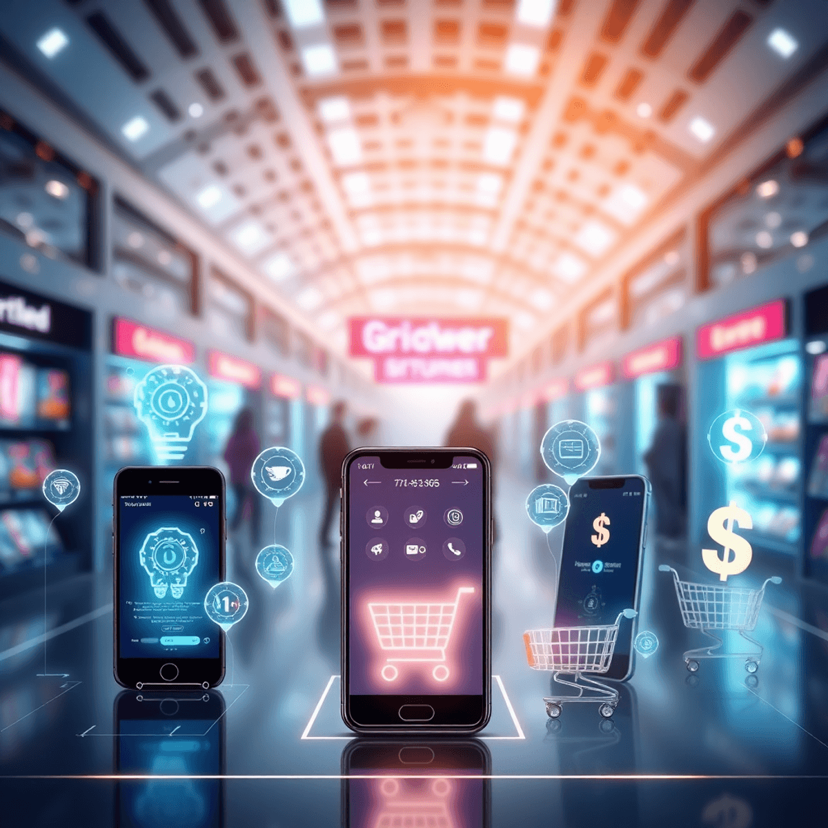 A futuristic digital marketplace with glowing AI icons, mobile devices showing shopping apps, and symbols of e-commerce growth on a sleek modern ba...
