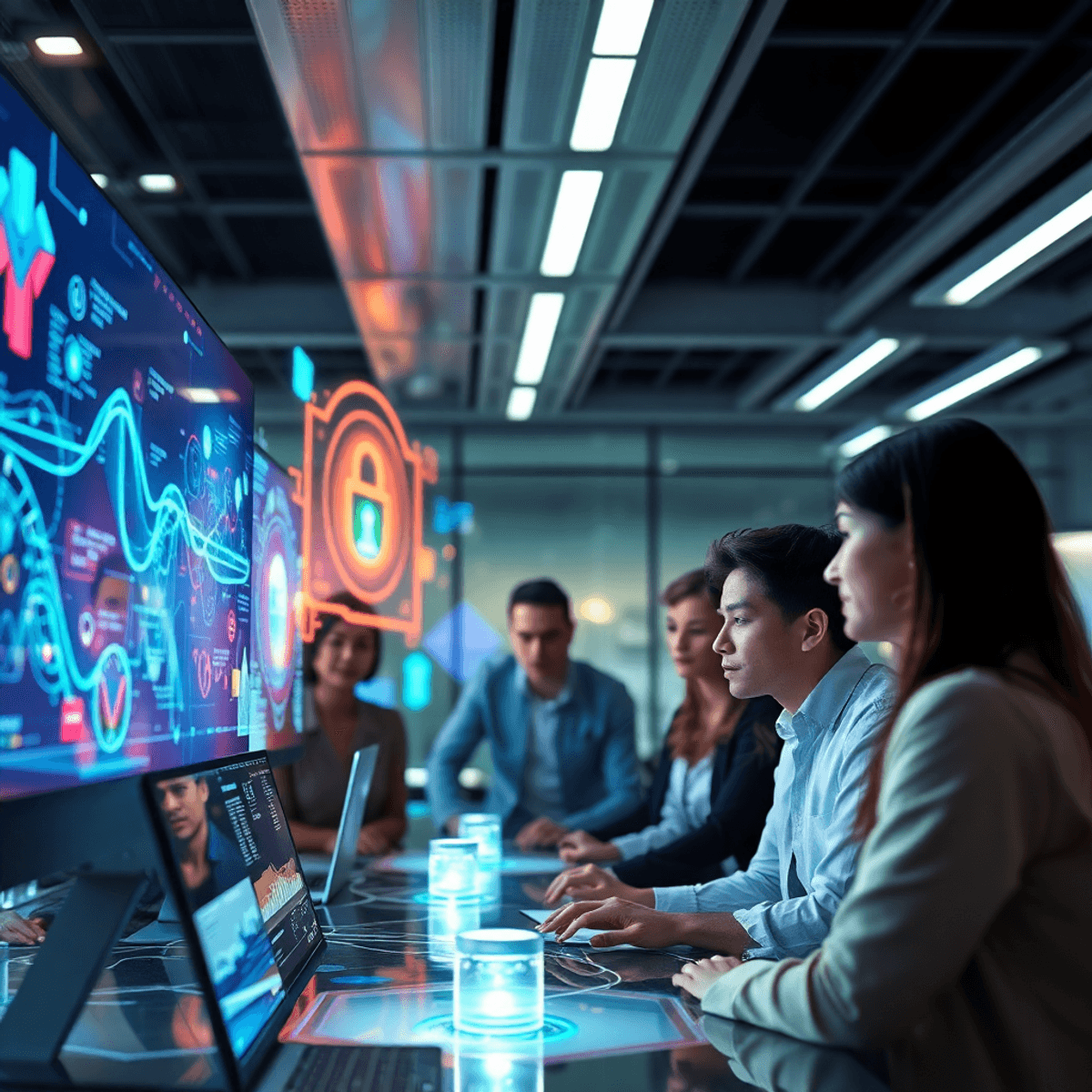 A futuristic workspace with professionals collaborating around holographic screens showing abstract data flows and AI patterns, highlighting automa...
