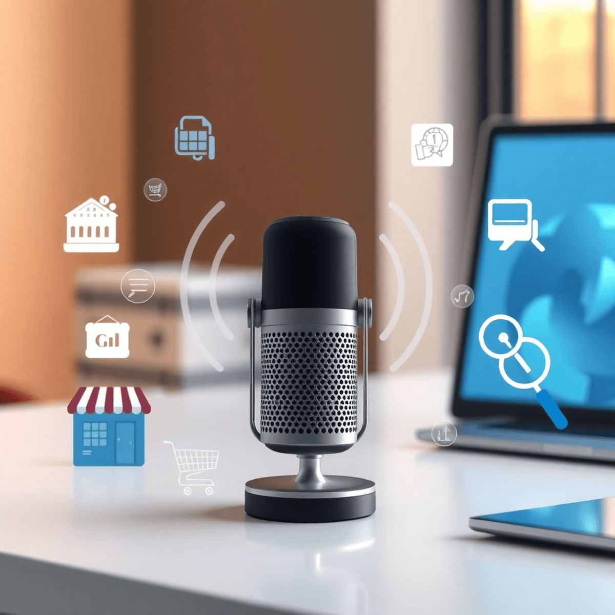 A modern digital assistant on a sleek desk with voice waves and icons of businesses, shopping carts, and magnifying glasses symbolizing voice searc...