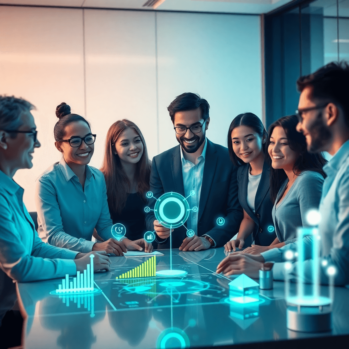 A modern office with professionals collaborating around a table displaying digital holograms and glowing icons of AI, marketing graphs, and custome...
