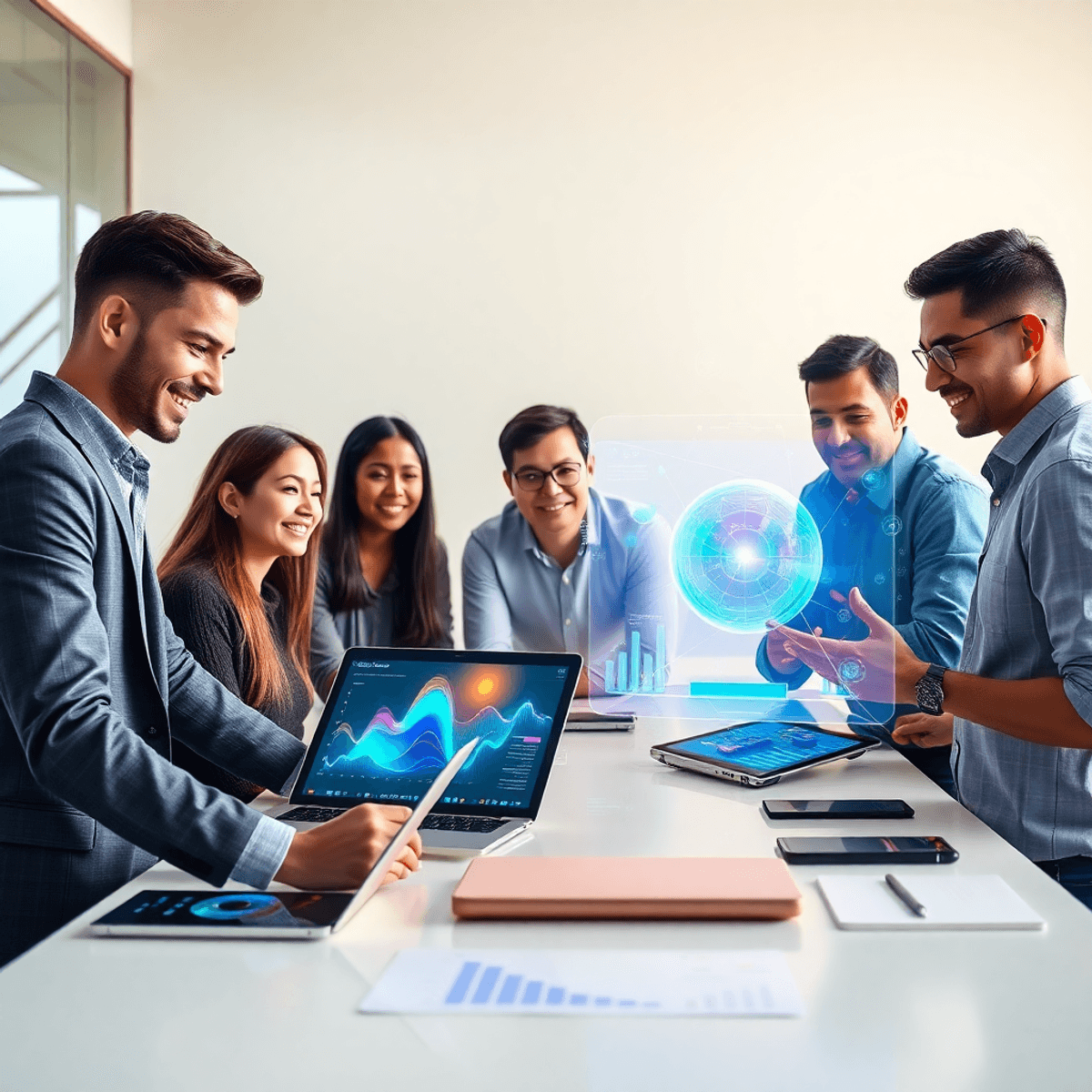 A modern workspace with a group collaborating around a table of digital devices showing colorful data visualizations and holographic charts on AI a...