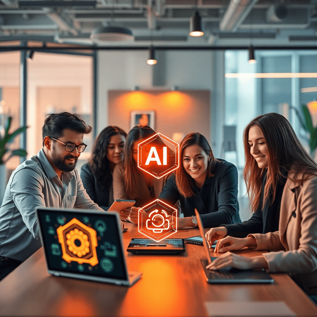 A modern workspace with small business owners collaborating around a table, digital devices showing glowing AI icons, warm lighting, and futuristic...