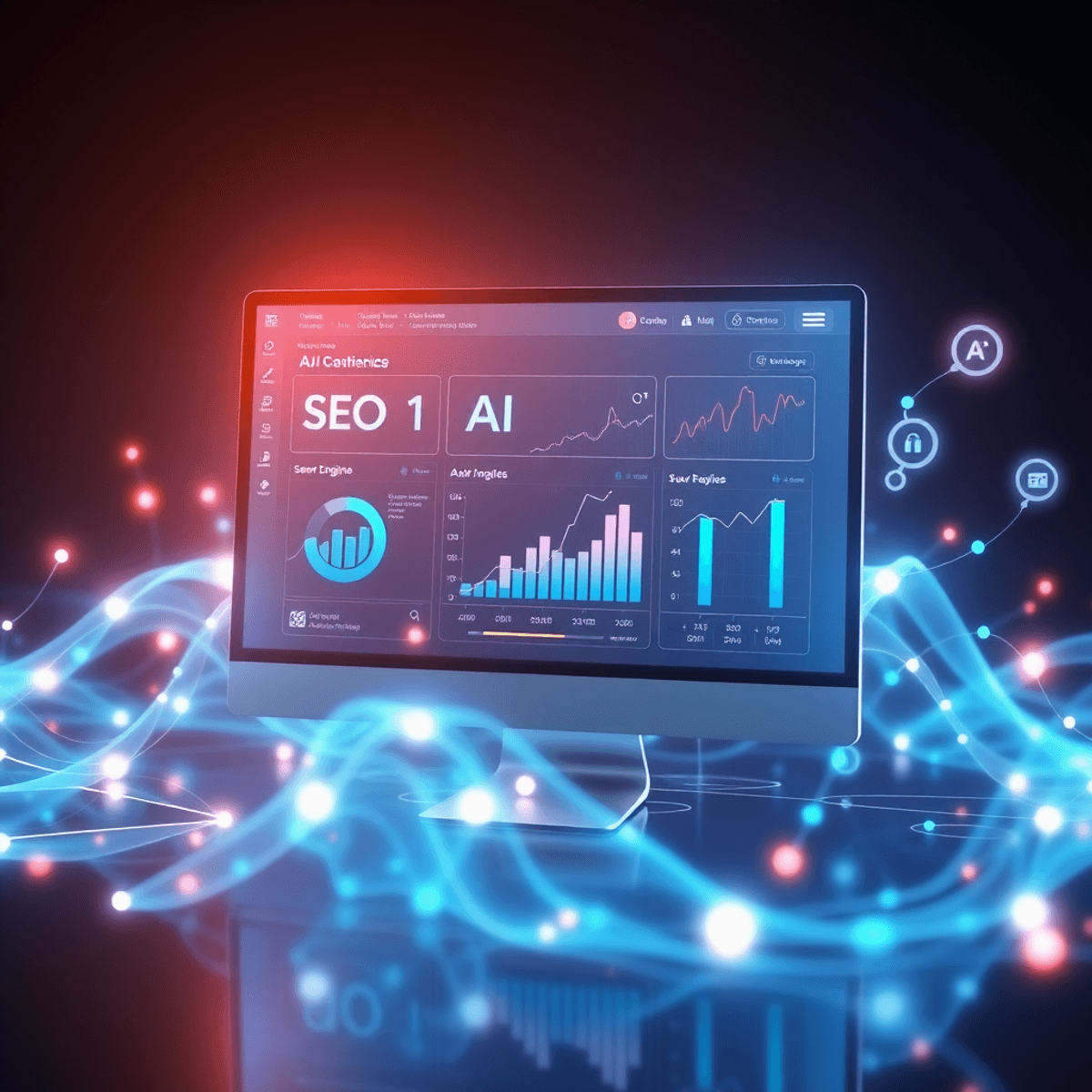 A sleek computer screen shows AI-driven SEO analytics and search algorithms with glowing data streams and abstract tech icons for digital growth.