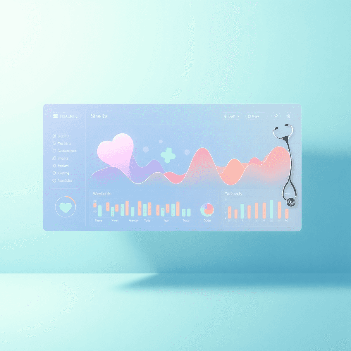 A sleek digital dashboard with colorful graphs and charts in a bright healthcare-themed setting with stethoscope and heart icons.
