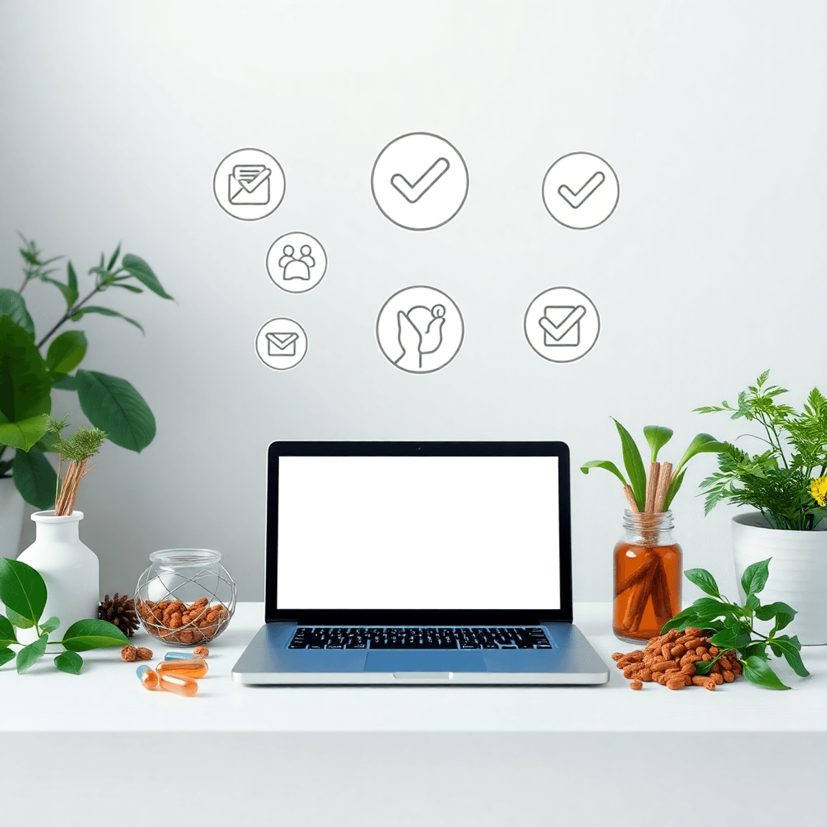 A tidy workspace with a laptop showing wellness icons and checkmarks, surrounded by herbs and supplements, representing health marketing compliance.