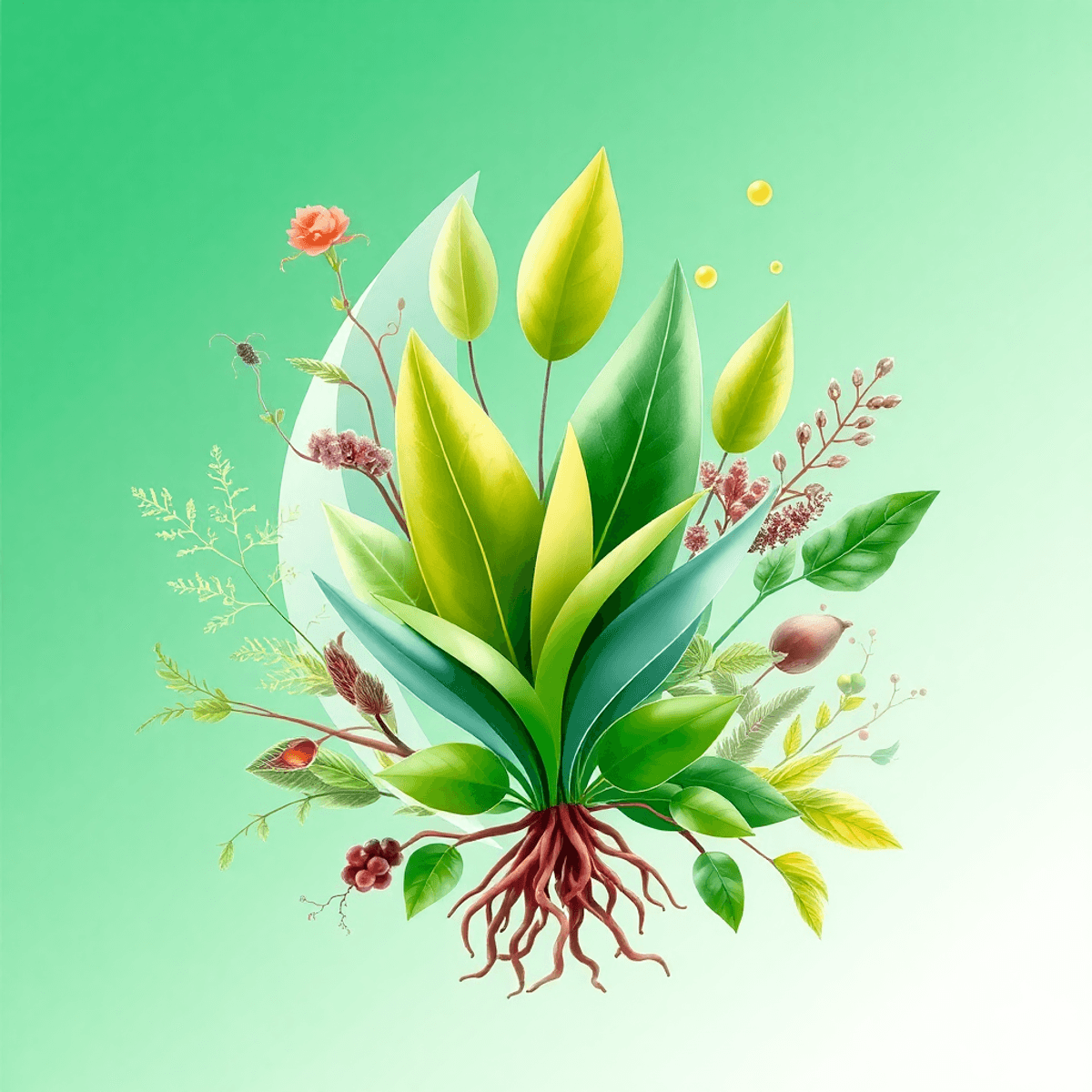 Abstract natural elements like roots, leaves, and herbs intertwined with sleek futuristic shapes on a bright background symbolizing wellness and in...