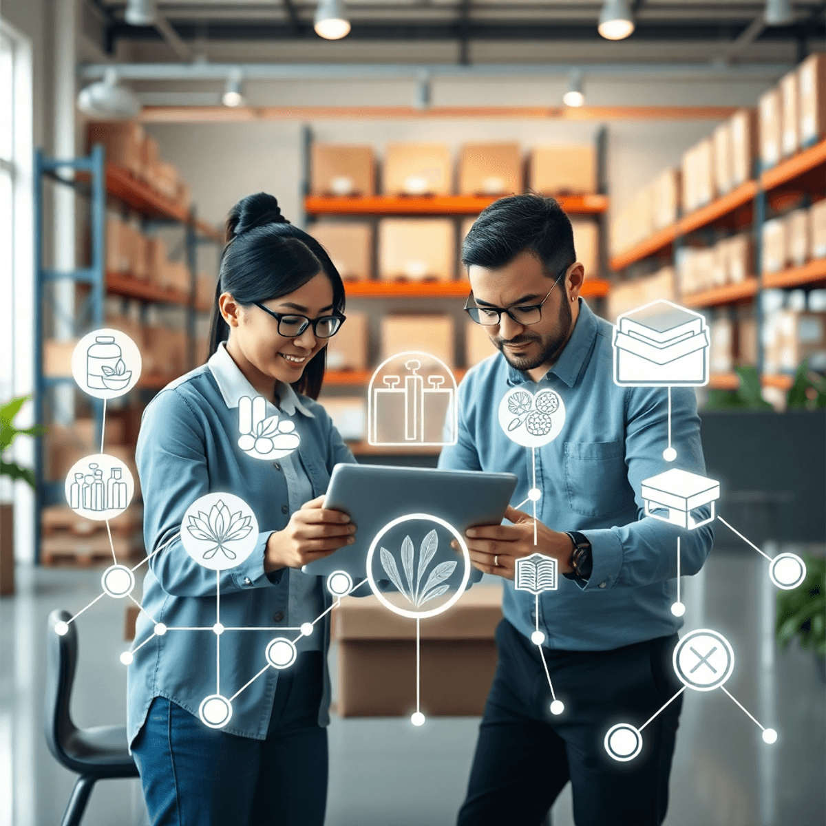 Bright modern ecommerce workspace with a team collaborating over devices, surrounded by wellness product icons and stylized warehouse logistics ele...