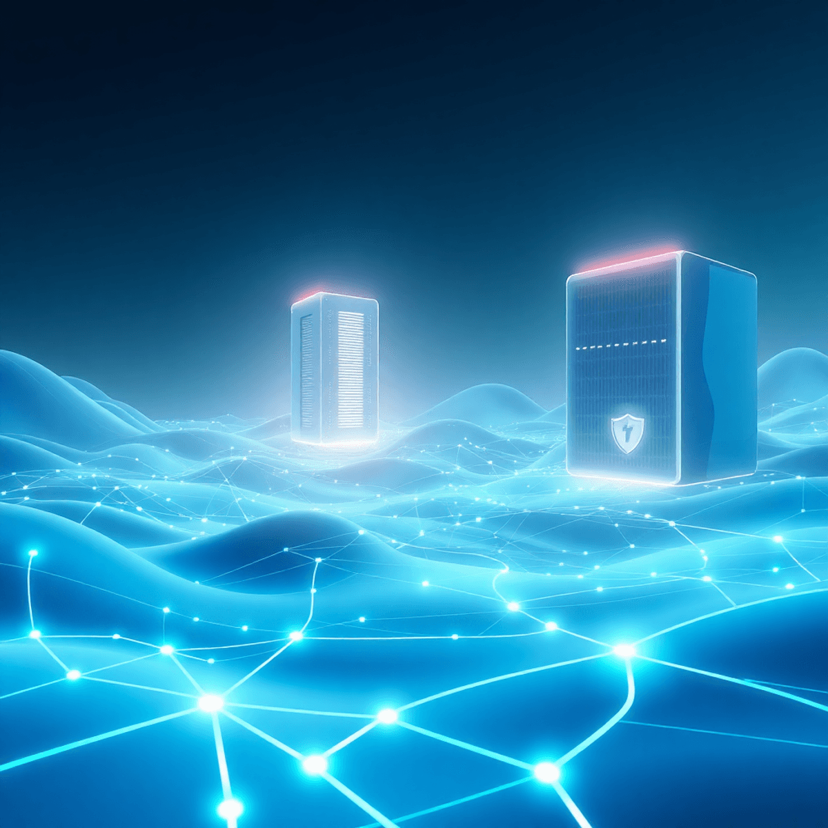 Futuristic digital landscape with abstract website architecture, glowing server towers, interconnected nodes, flowing lines, and shield icons in co...