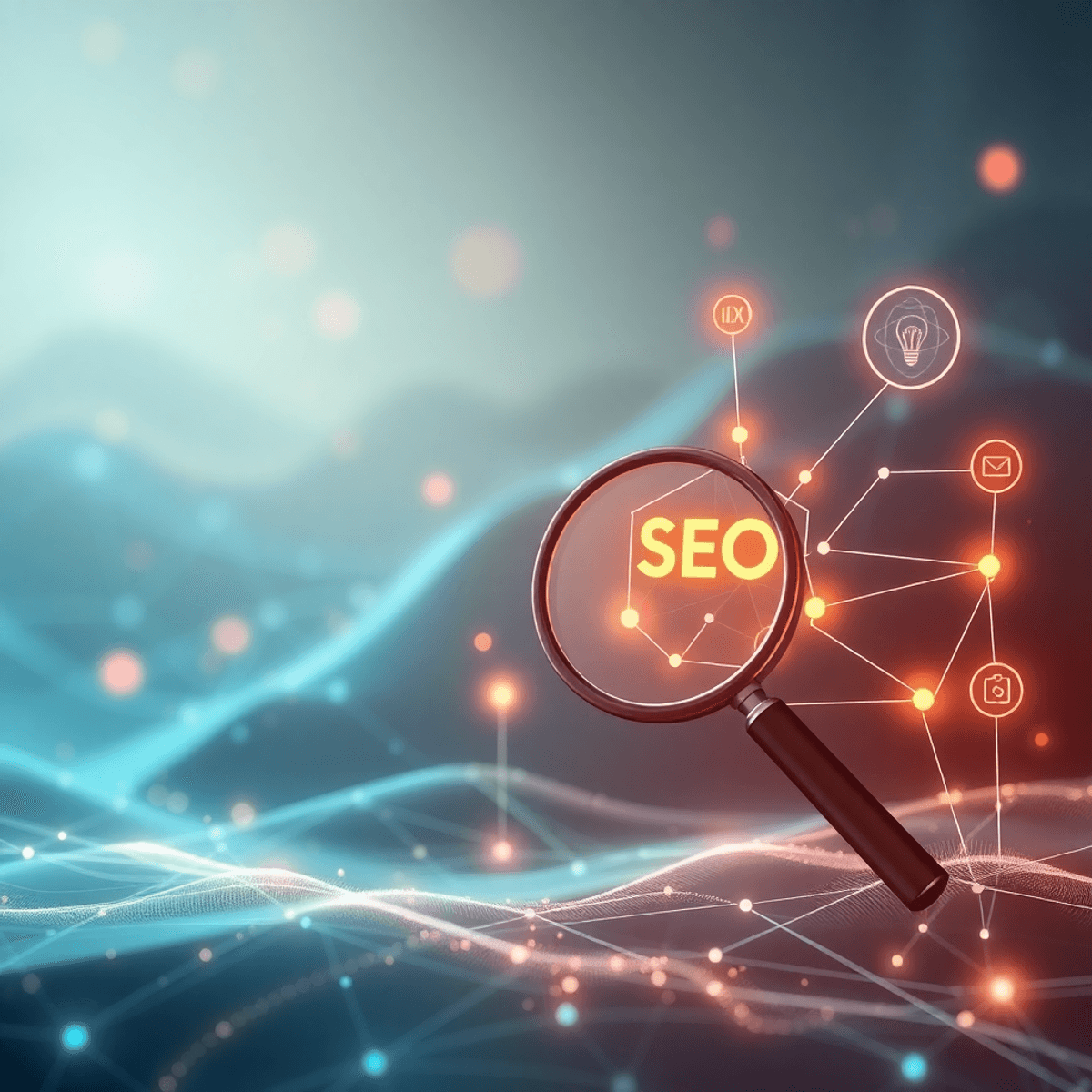 Futuristic digital landscape with glowing network lines connecting SEO, data analysis, and content icons, blending traditional tools and neural net...
