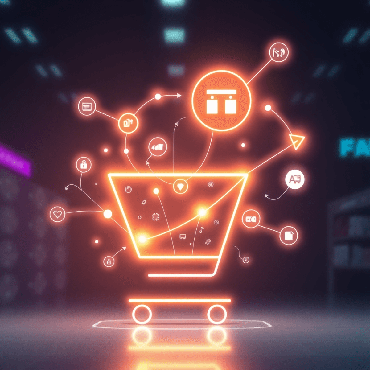 Futuristic digital shopping scene with glowing interconnected nodes and arrows forming an abstract ecommerce funnel, featuring icons for recommenda...