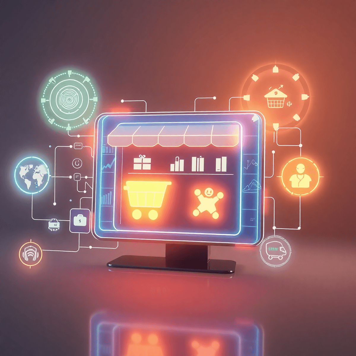 Futuristic online store interface glowing with digital AI elements, connectivity icons, voice command symbols, and eco-friendly delivery, on a slee...