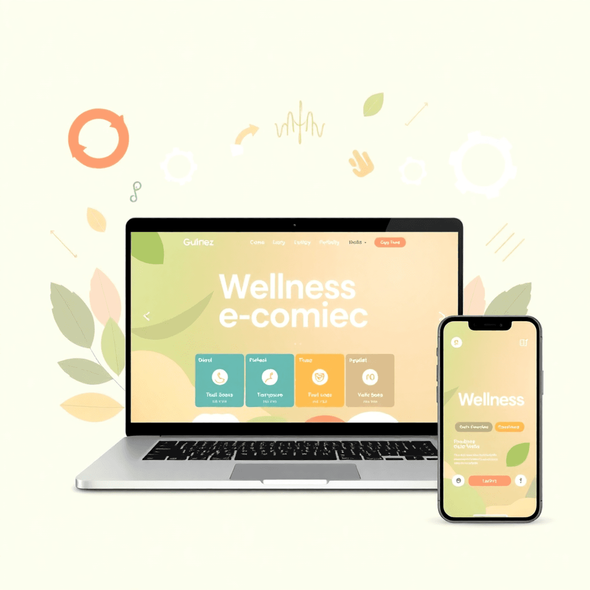 Laptop and smartphone showing a vibrant wellness e-commerce site, surrounded by icons of speed and optimization with a soft, natural background.