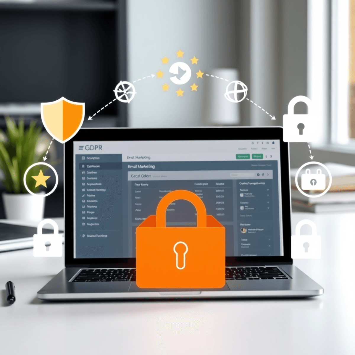 Laptop showing email marketing dashboard on a desk with GDPR icons like shield, lock, and data privacy symbols, representing secure digital communi...