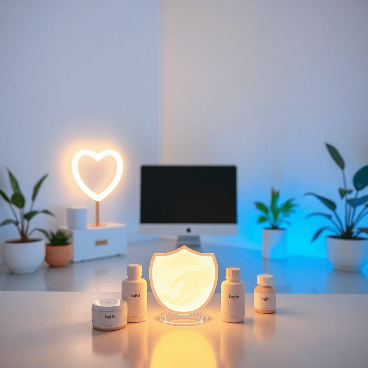 Minimalist workspace with plants, soft lighting, glowing shield, and light handshake symbolizing trust, surrounded by simple health product contain...