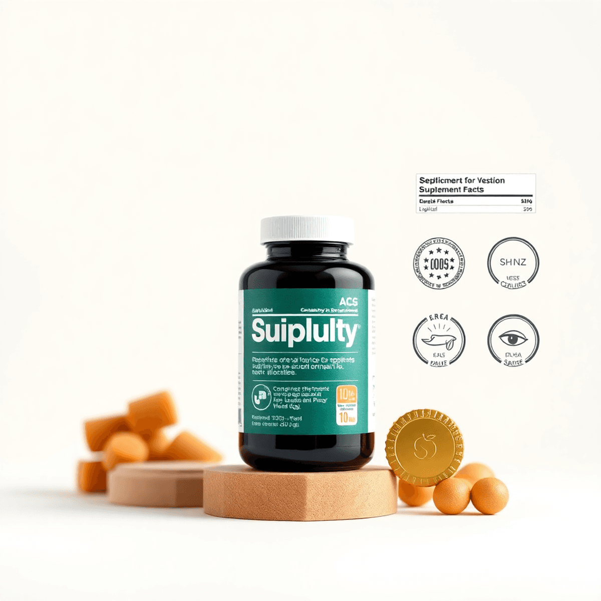 Modern ecommerce product page showcasing a supplement bottle, close-up label details, certification icons, on a light background with vibrant color...