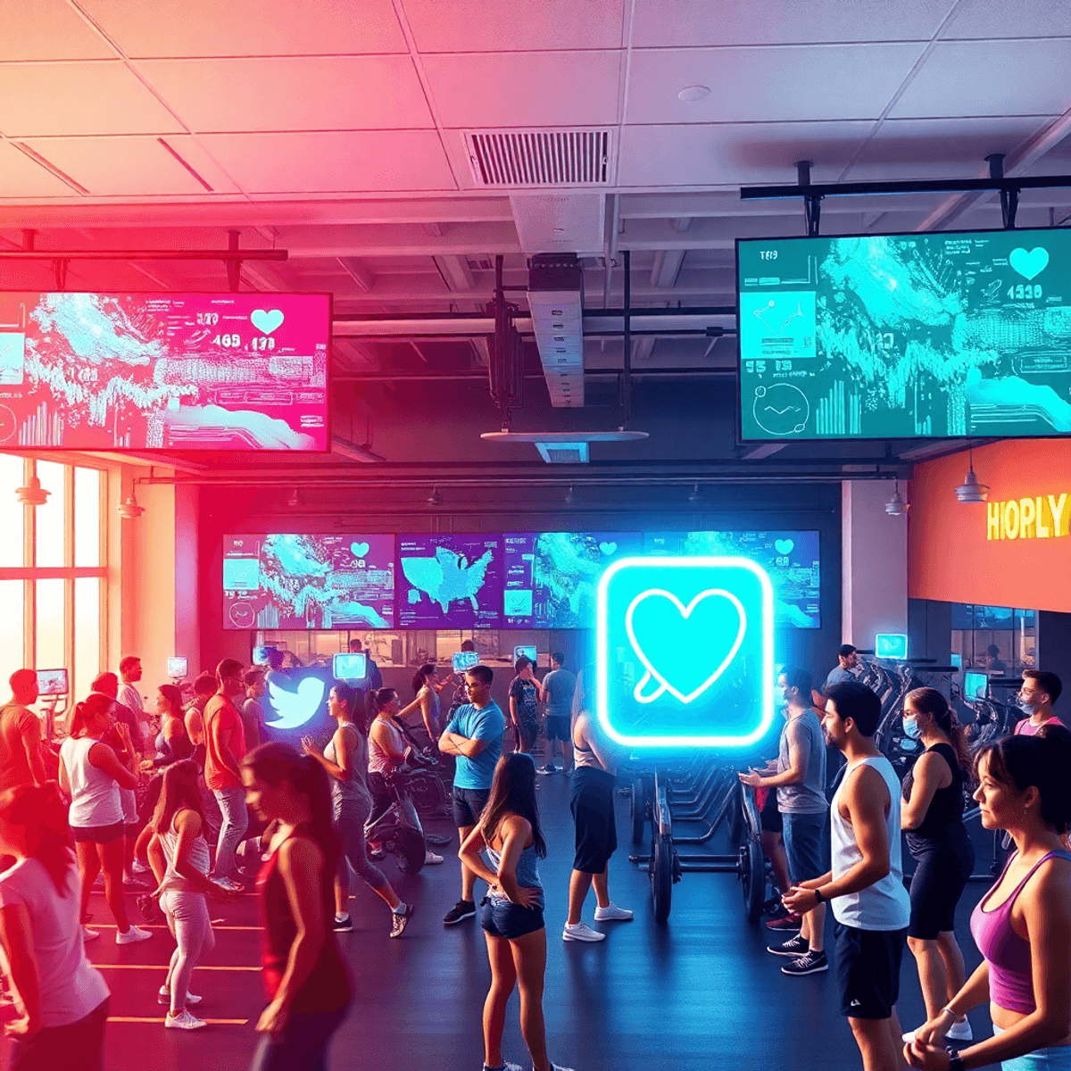 Modern gym interior with people exercising, digital screens displaying data and social media icons as glowing holograms in a bright, energetic sett...