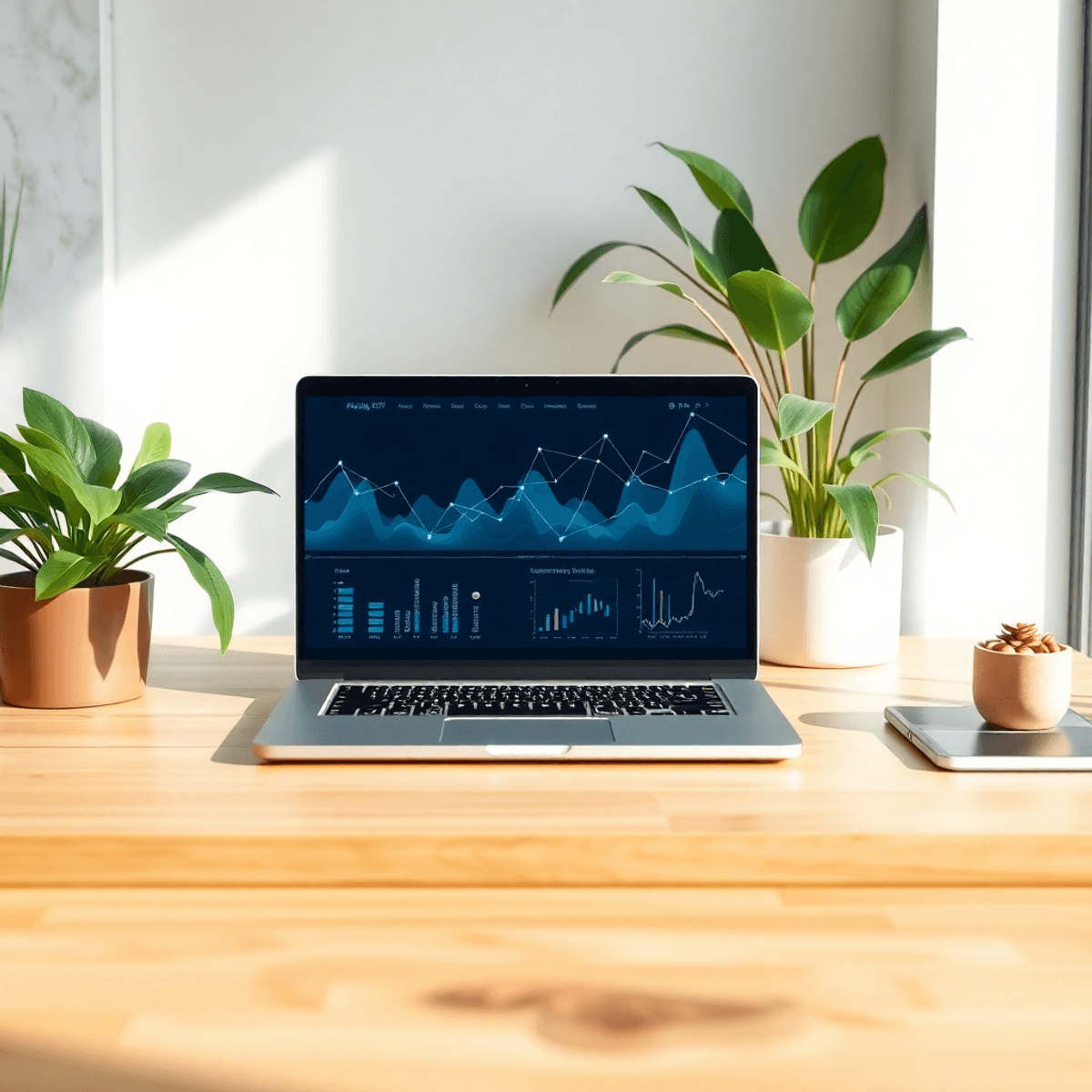 Modern workspace with laptop showing abstract graphs, surrounded by green plants and soft natural light, symbolizing growth and wellness foundation.
