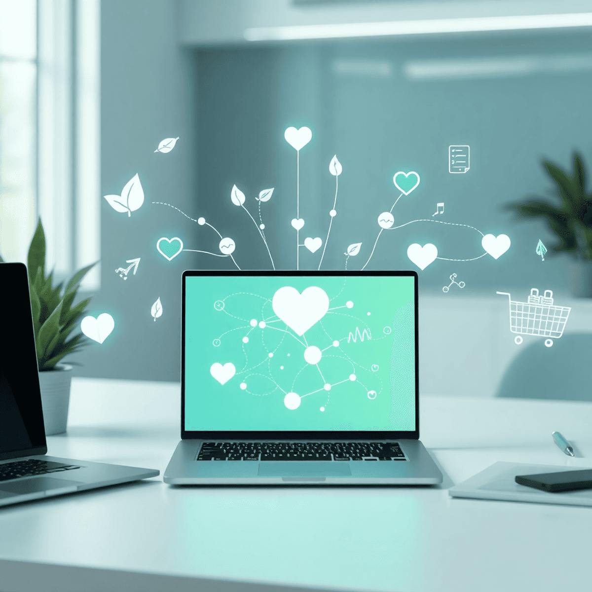 Modern workspace with laptop showing digital connections and health icons like leaves, heartbeats, and carts in soft green and blue tones.