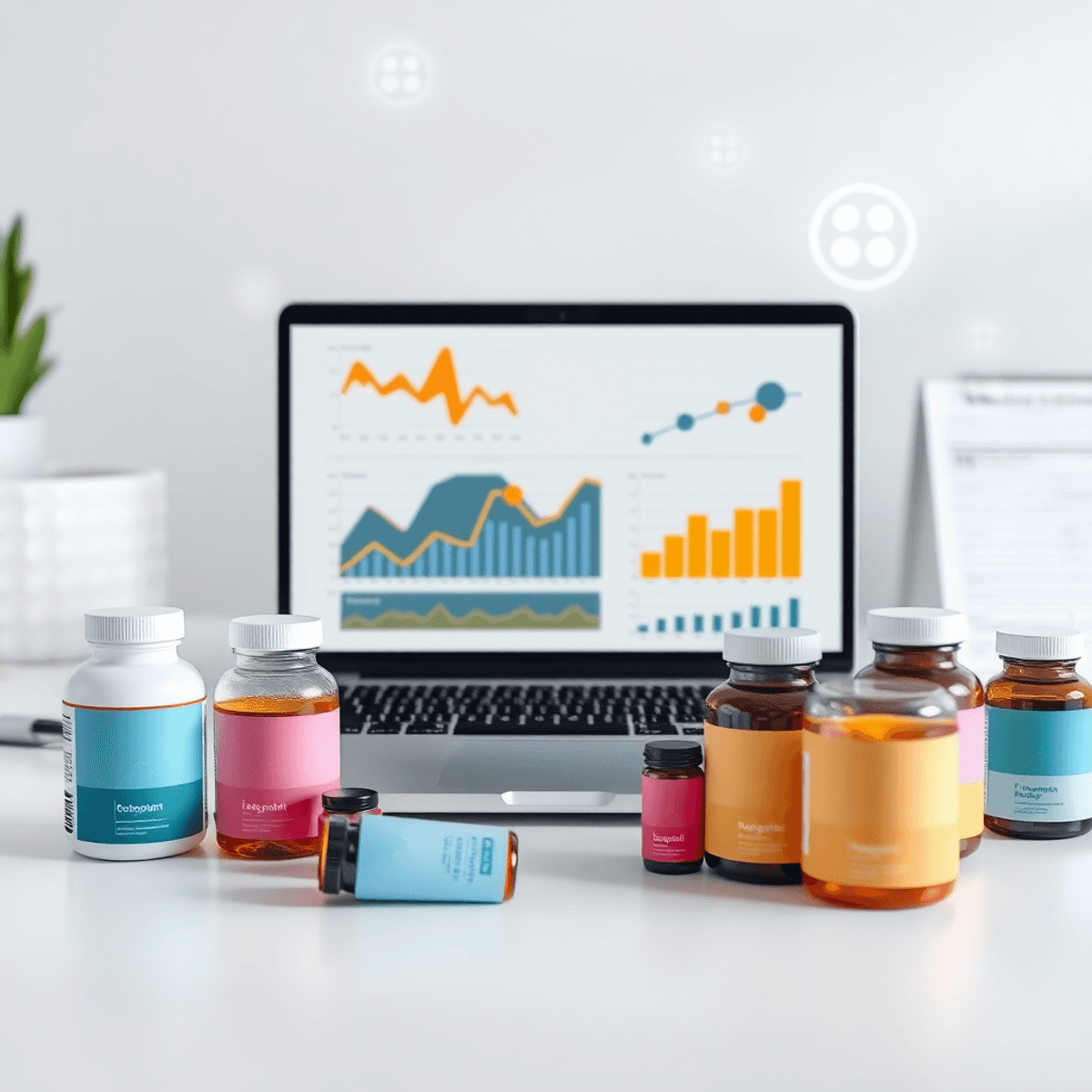 Modern workspace with laptop showing graphs, supplement bottles with colorful labels, and floating digital icons symbolizing e-commerce and technol...
