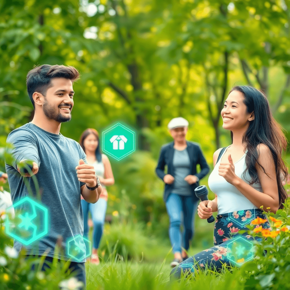 People enjoying outdoor wellness activities amid lush greenery with glowing digital icons symbolizing AI and health analytics in a modern, natural ...