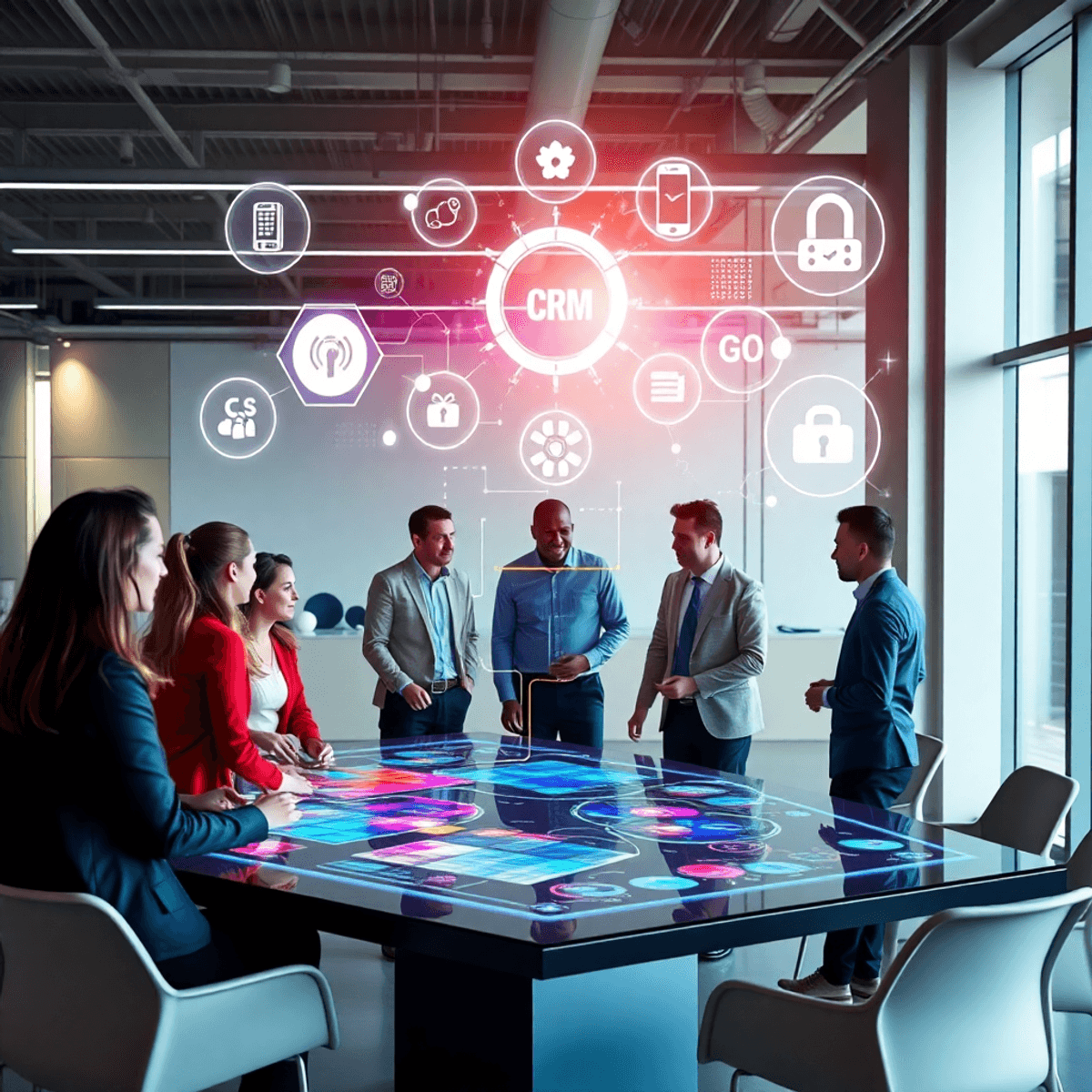 Professionals collaborating around a digital touchscreen table with colorful flowcharts and holographic icons symbolizing AI, automation, and secur...