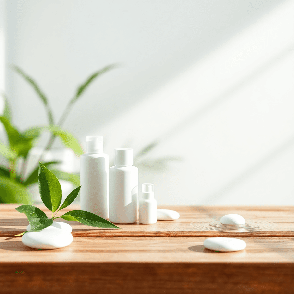 Serene wellness products on natural wood with soft light, green leaf, white stones, and gentle water ripple, evoking calm and balance in a cozy, cl...