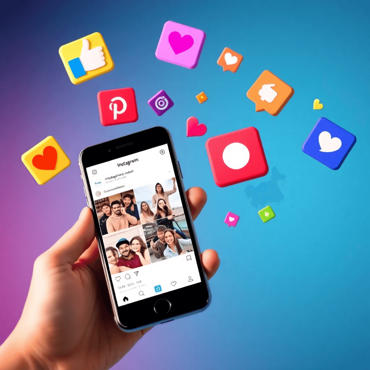 Smartphone showing Instagram Reels with colorful social media icons like likes, comments, and shares floating around, representing short-form video...