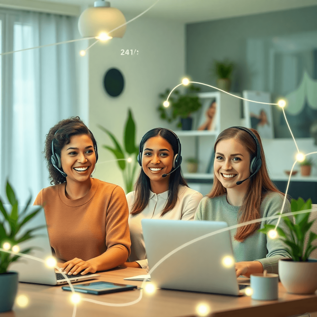 Smiling customer support agents wearing headsets in bright home offices with plants, connected by glowing lines symbolizing 24/7 wellness brand sup...
