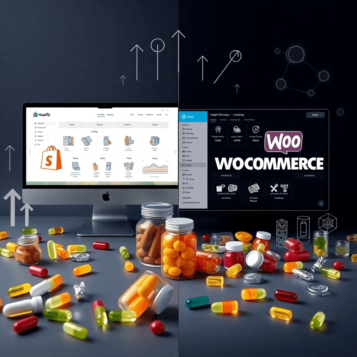 Split-screen image showing a sleek Shopify store interface and a complex WooCommerce dashboard, surrounded by supplement icons and growth symbols.