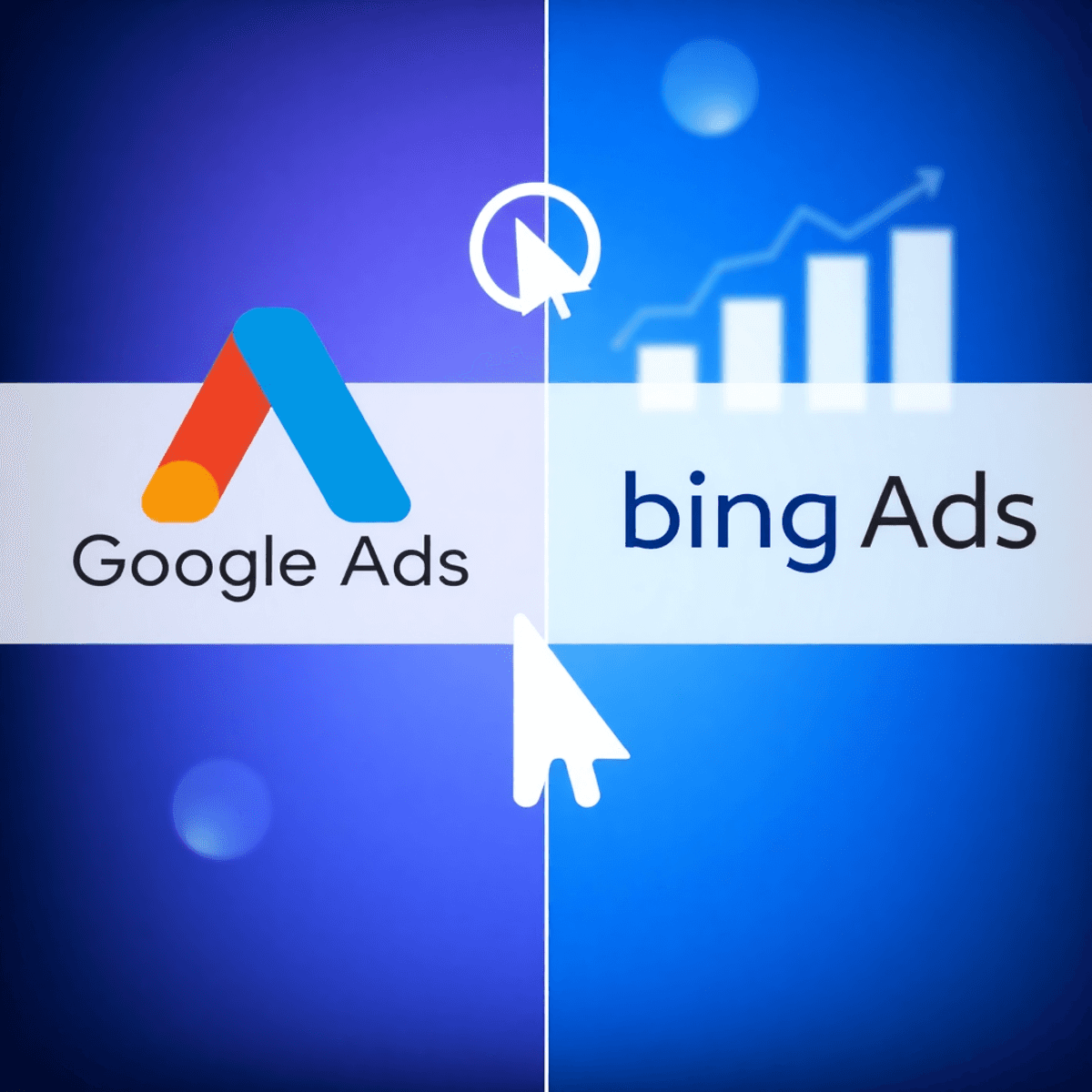Split-screen with Google Ads and Bing Ads logos, digital marketing icons like magnifying glass, cursor, and bar graphs in the background symbolizin...