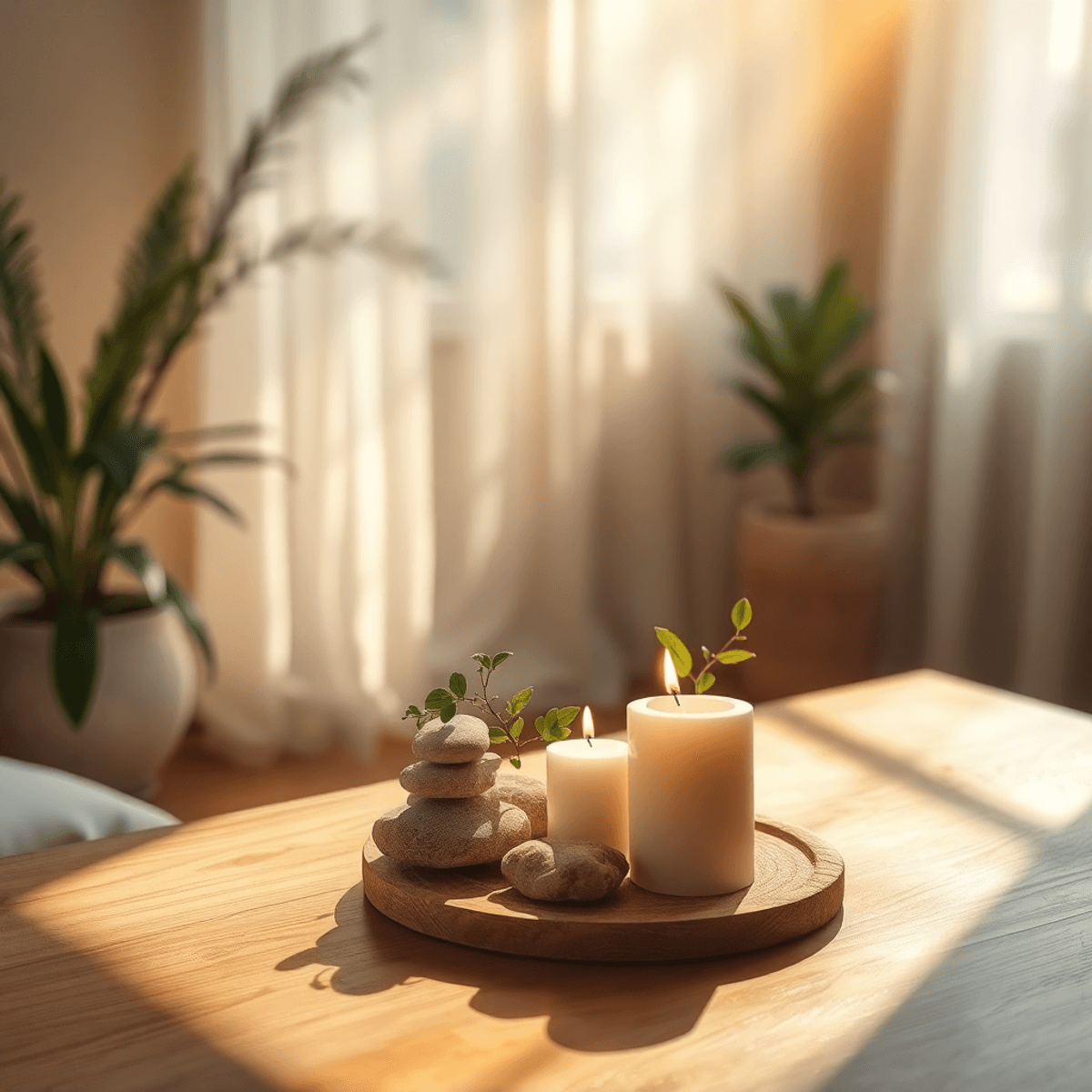 Sunlit cozy space with plants, smooth stones, and candles on a wooden table, bathed in soft sunlight through sheer curtains, creating a peaceful, n...