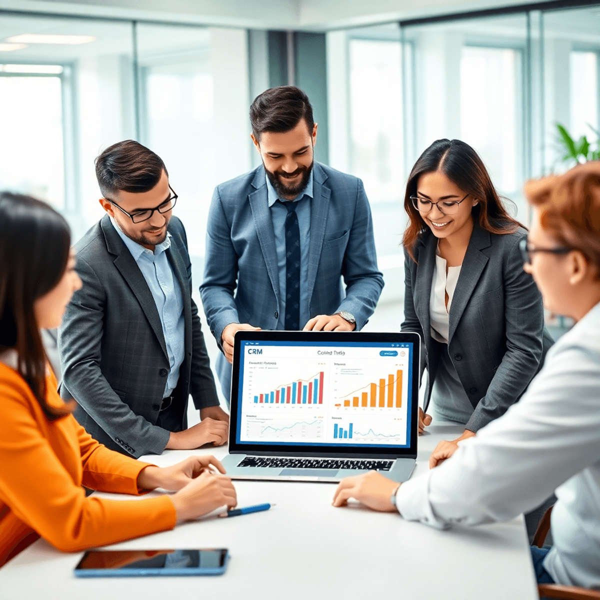 Team collaborating in a modern office around a laptop displaying CRM dashboards with graphs and customer data, symbolizing teamwork and business gr...