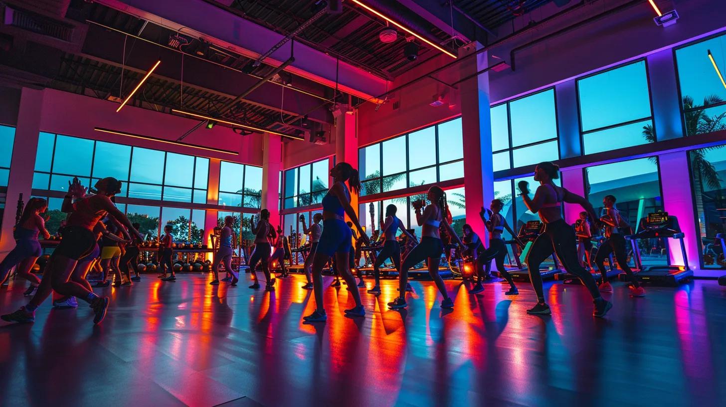 a dynamic and vibrant gym scene showcasing engaged members participating in a high-energy group fitness class, illuminated by warm, inviting lighting, emphasising the community spirit and unique services offered.