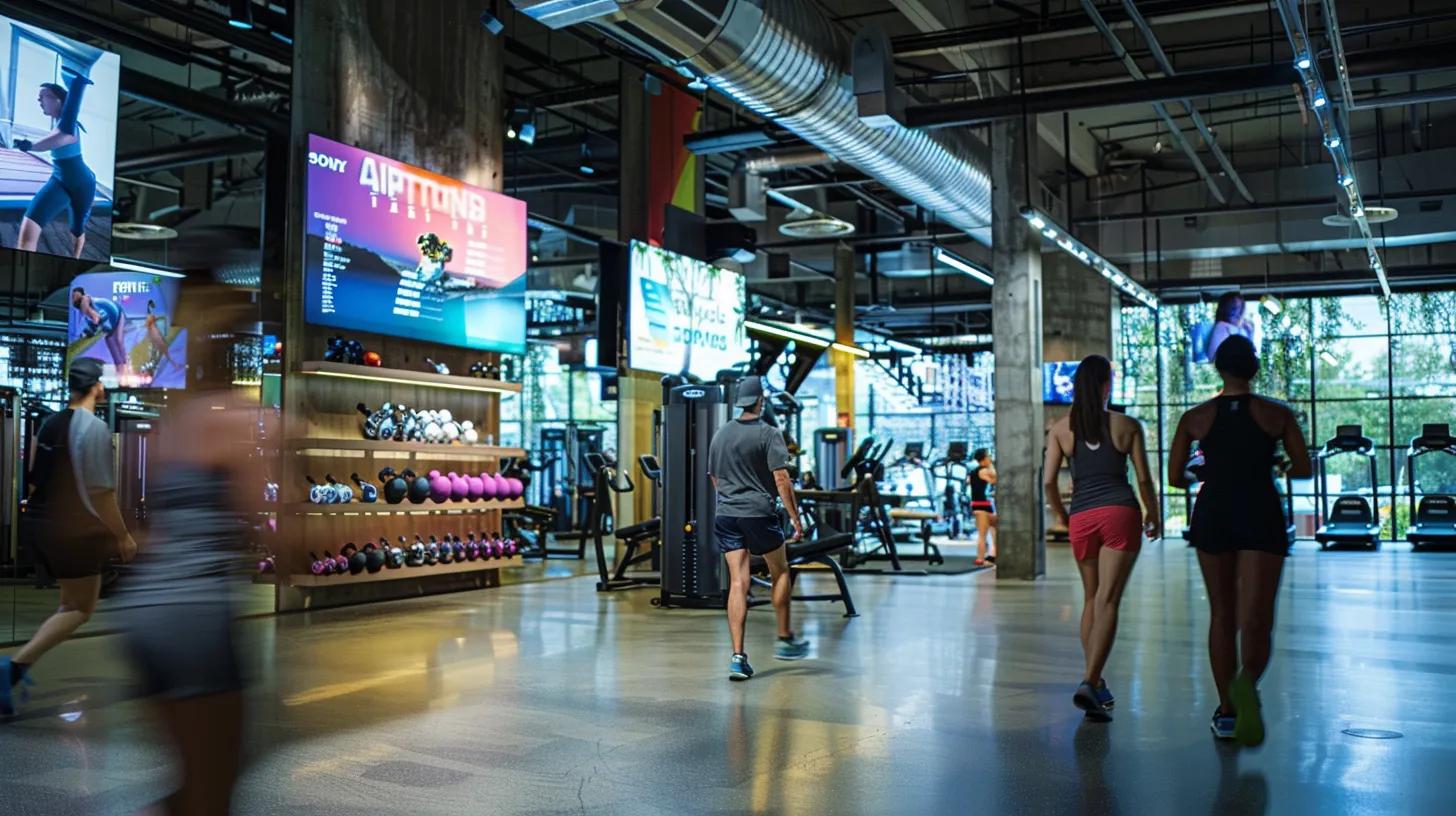 a dynamic fitness studio bustling with energetic gym-goers, framed by vibrant promotional banners showcasing clear communication messages about membership benefits, illuminated by bright, inviting lights that enhance the atmosphere of motivation and engagement.