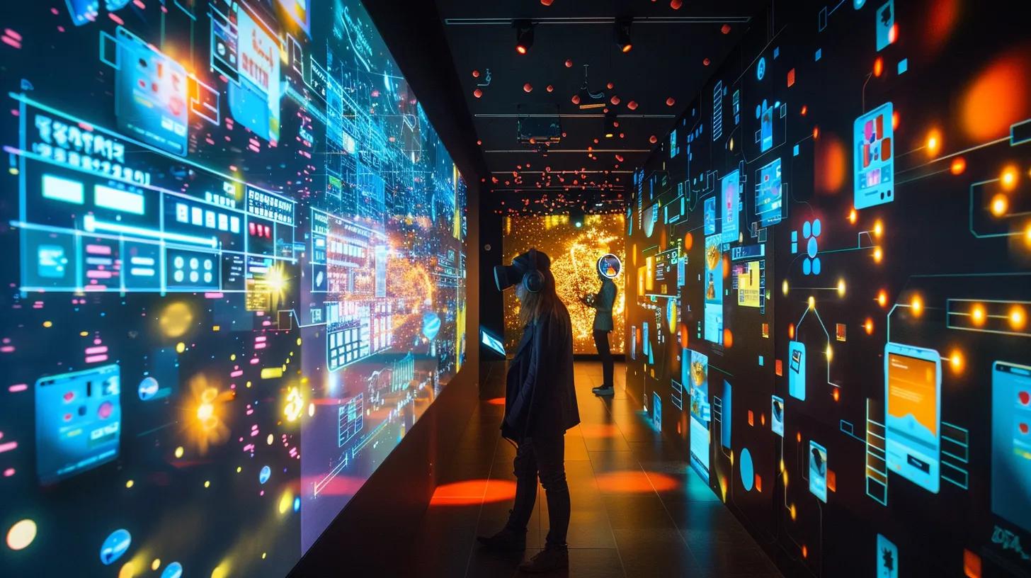 a dynamic small business marketing provider stands amidst vibrant digital displays of augmented reality products, surrounded by visual data trends and ai chatbots, symbolising innovative strategies for customer engagement in a futuristic digital landscape.