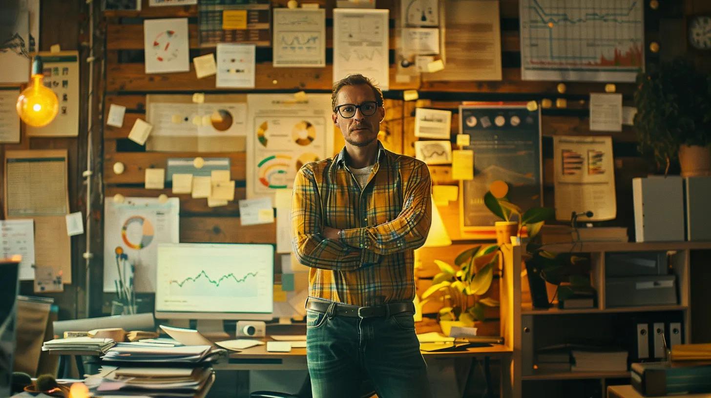a dynamic small business owner stands confidently in a vibrant office filled with charts and graphs, epitomising the essence of financial optimisation and strategic growth amidst a backdrop of bustling market activity.