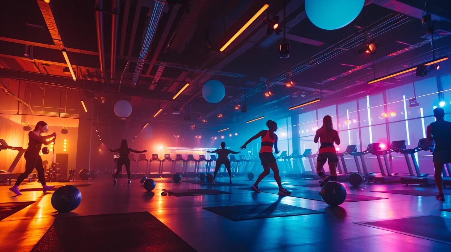 a vibrant and dynamic gym environment filled with engaged members, showcasing diverse workout activities, under warm, inviting lighting that highlights the positive energy of community and connection fostered by effective communication strategies.