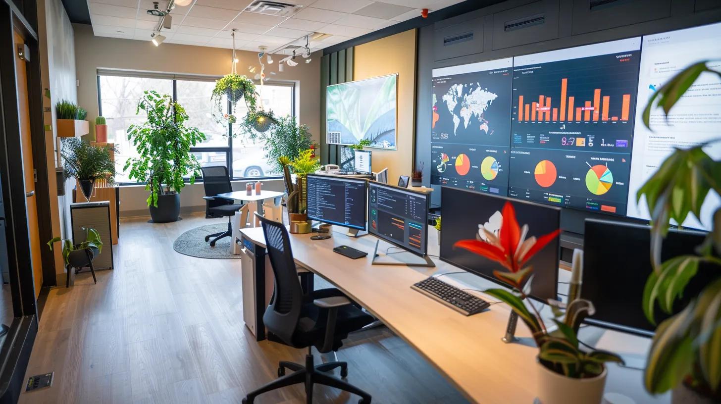 a vibrant and modern workspace showcases a small business marketing provider strategically analysing on-page seo techniques on a large screen, with visual charts and local maps highlighting the importance of enhancing local visibility.