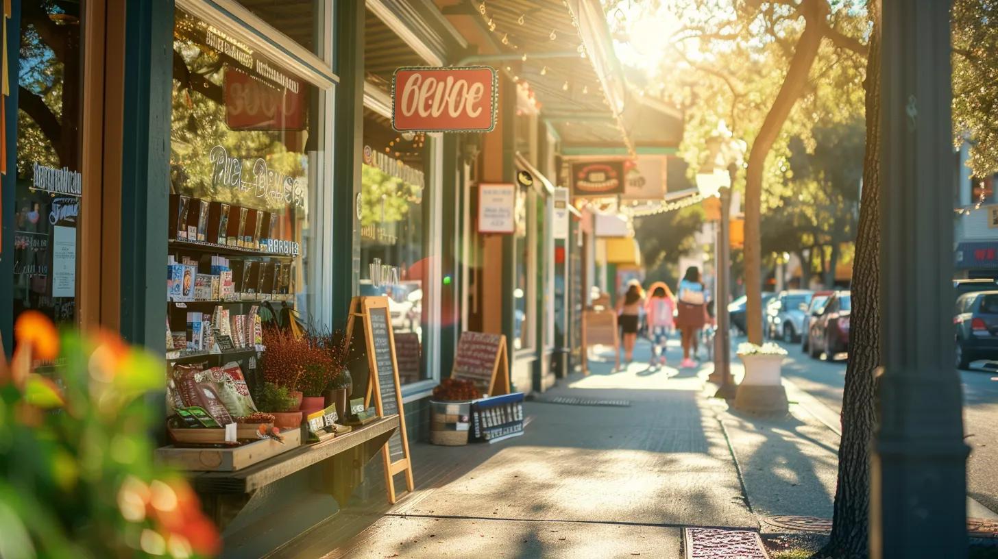 a vibrant, bustling local business storefront adorned with eye-catching signage and engaging images, seamlessly attracting customers amidst a sunny urban backdrop.