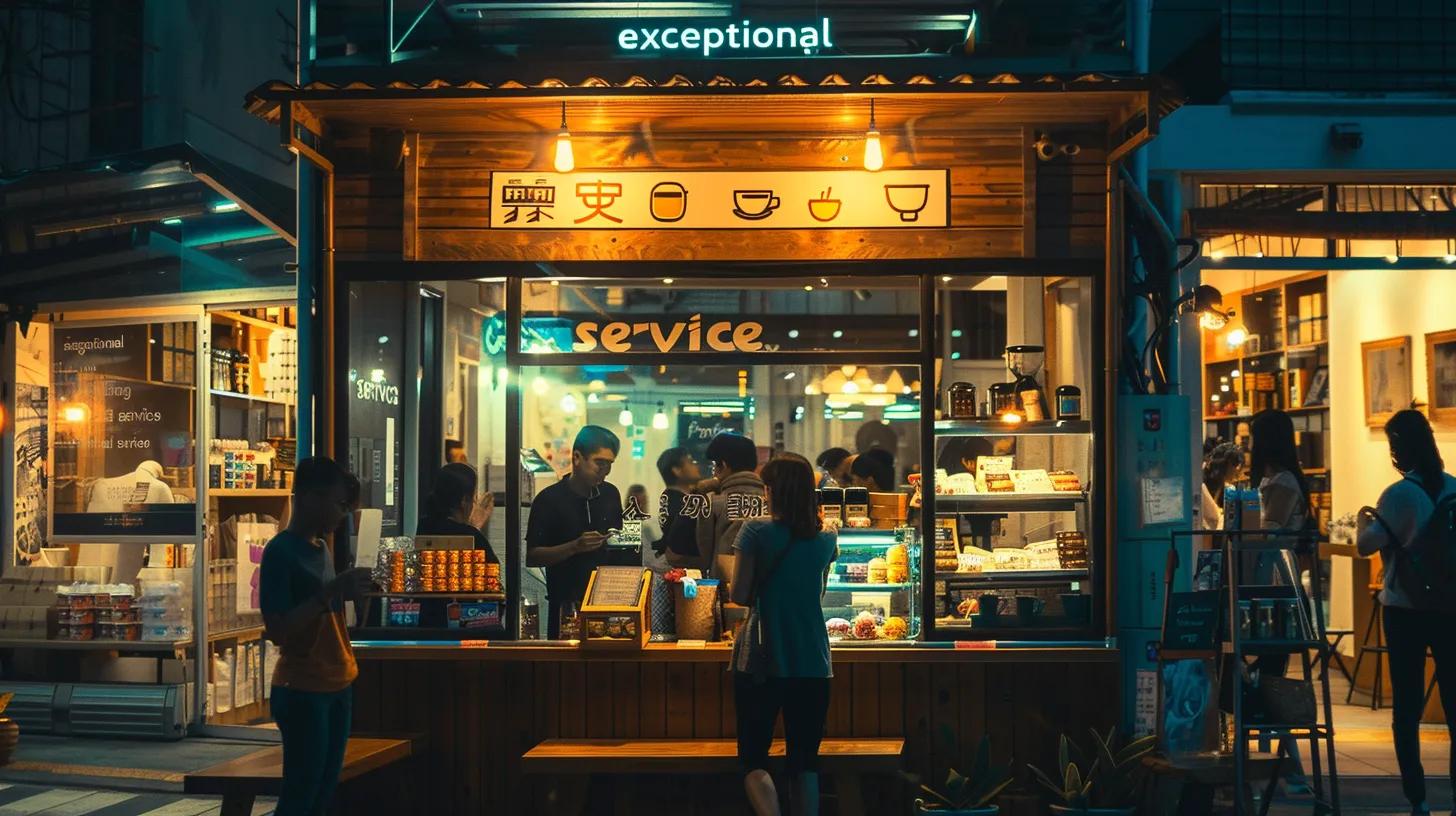 a vibrant, bustling storefront displays a sign reading 