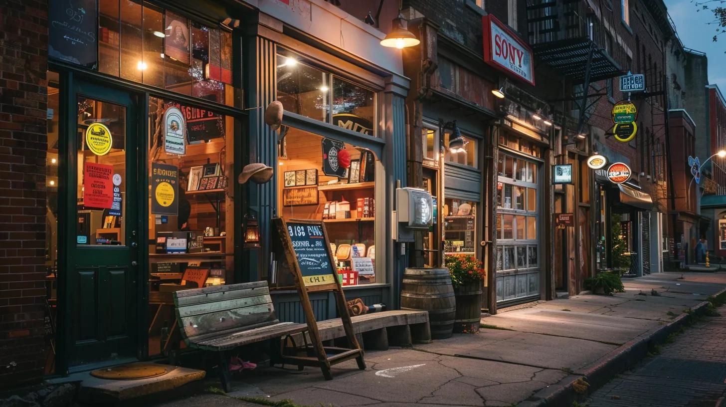 a vibrant cityscape featuring a small business storefront adorned with local-themed signage, illuminated by warm, inviting evening light, emphasising its community connection and digital marketing strategy.
