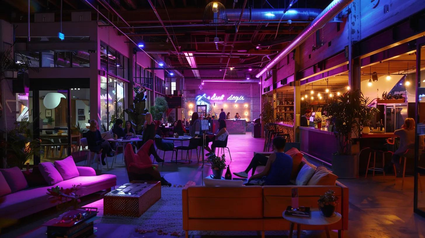 a vibrant co-working space filled with entrepreneurial energy, showcasing diverse individuals engaged in dynamic discussions and brainstorming innovative marketing strategies for small business growth.