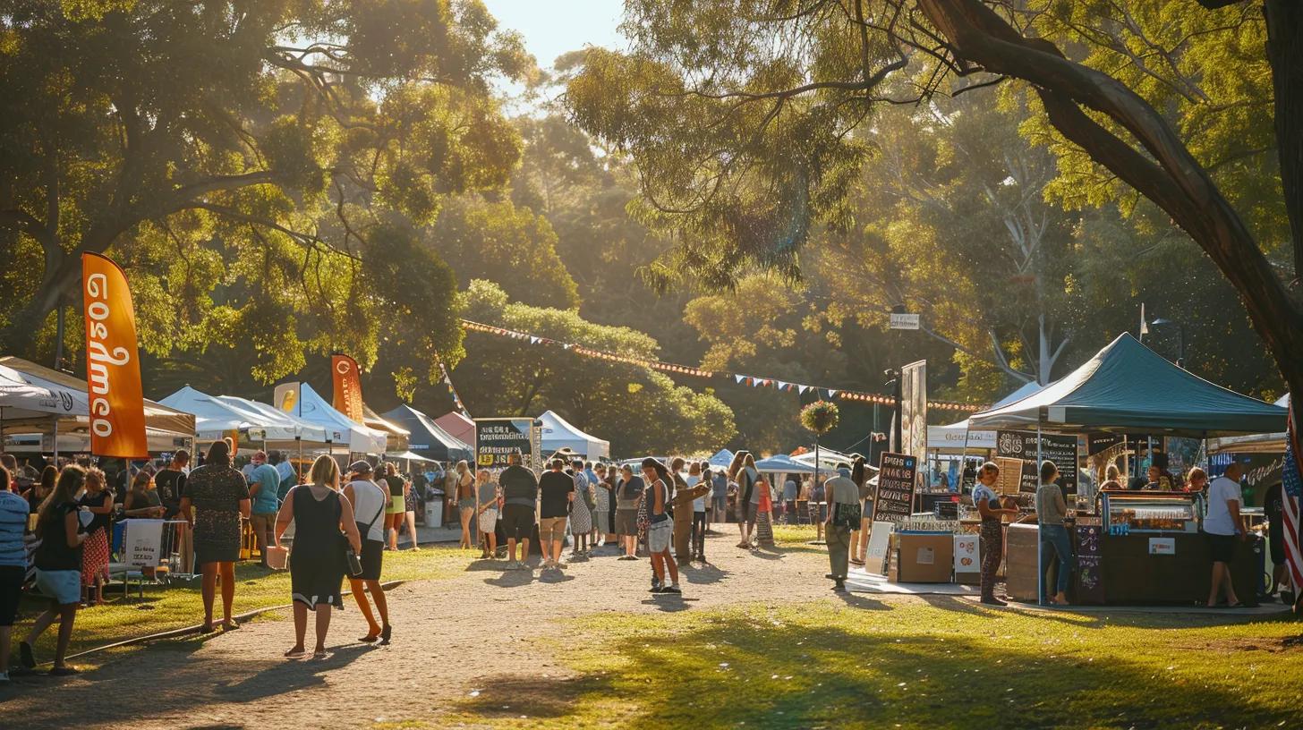 a vibrant community event in a bustling local park, filled with engaged individuals connecting over shared interests, surrounded by colourful banners and booths representing various small businesses, all illuminated by warm afternoon sunlight.