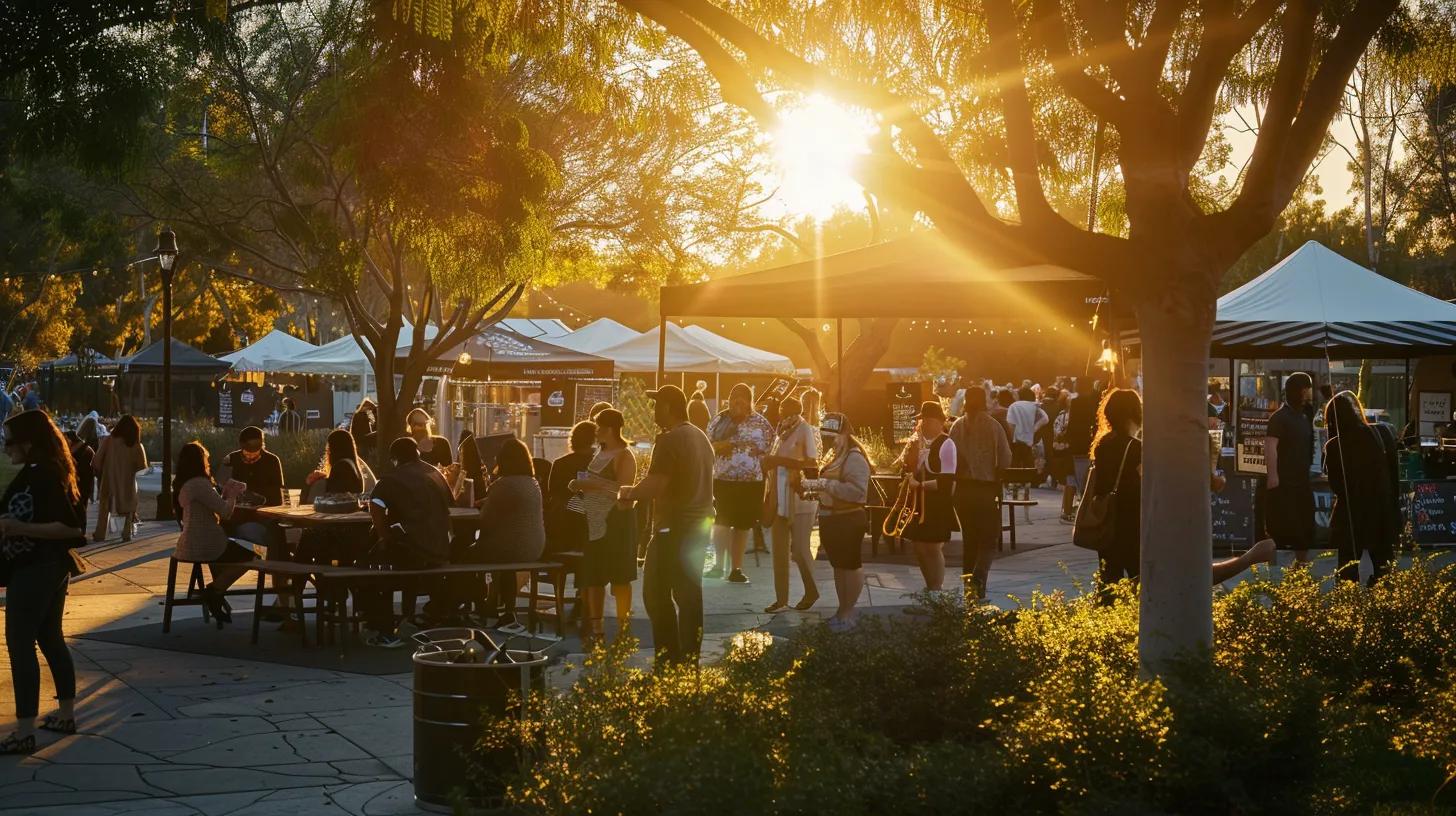 a vibrant community event scene with local businesses collaborating and networking, showcasing banners and promotional materials, all bathed in warm, golden sunlight to reflect a strong sense of community and partnership.