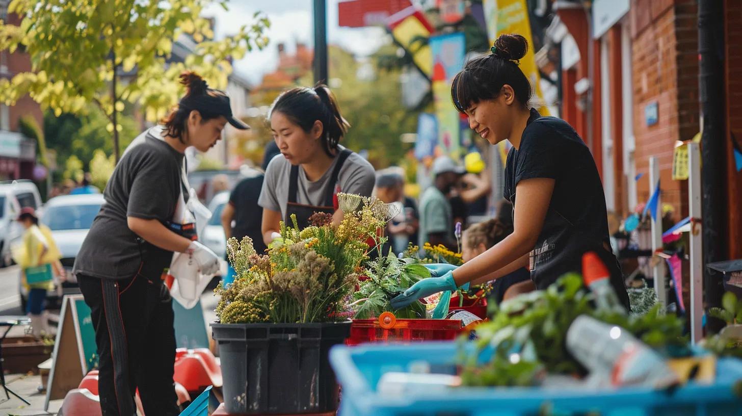 a vibrant community event showcases local business partnerships, with enthusiastic residents participating in a clean-up initiative amidst colourful banners and merchandise, symbolising authentic connections and support.
