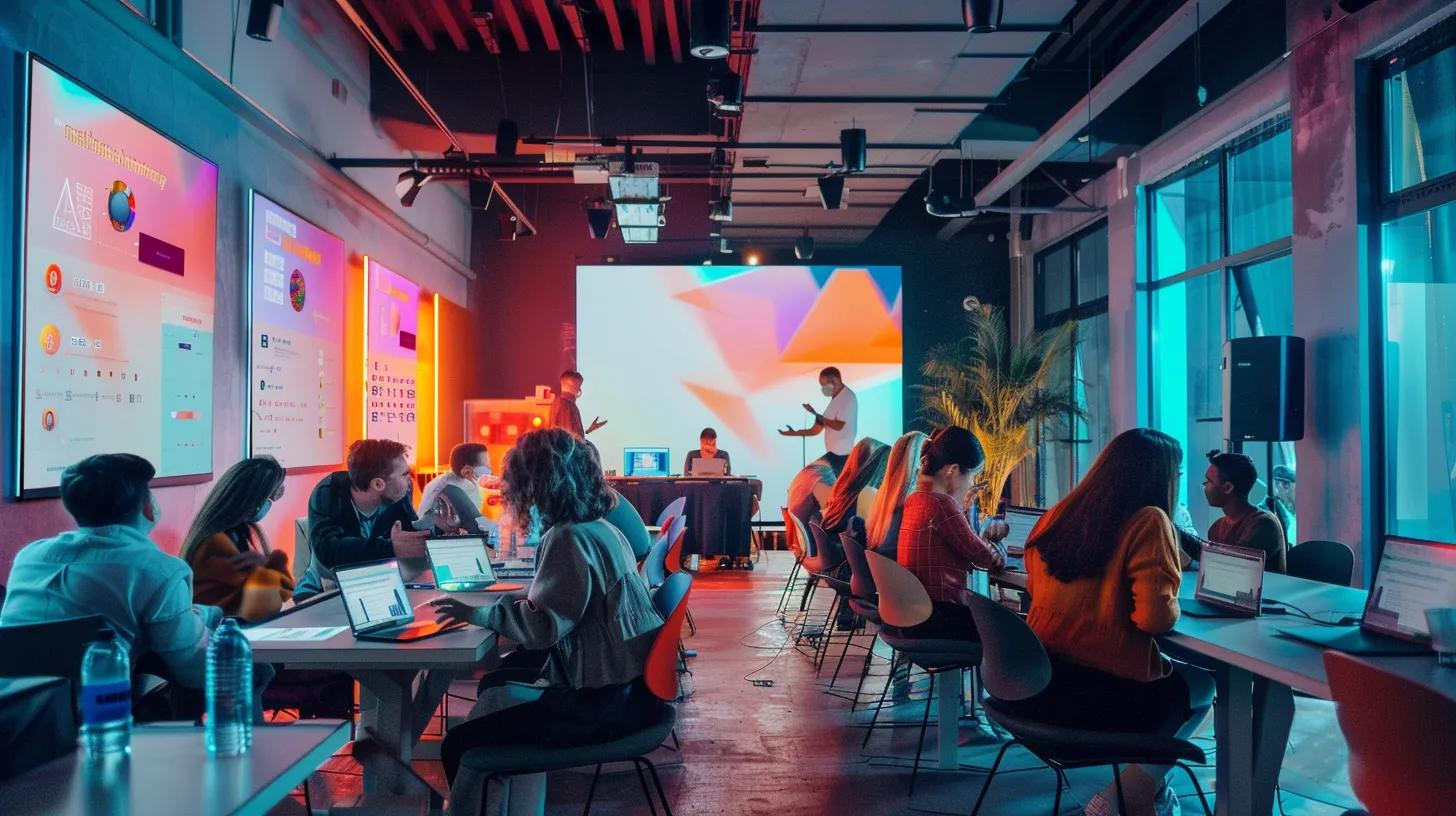 a vibrant digital marketing workshop setting, filled with engaged small business owners, surrounded by innovative marketing tools and bright, inspiring visuals, capturing the essence of creativity and collaboration for 2025.