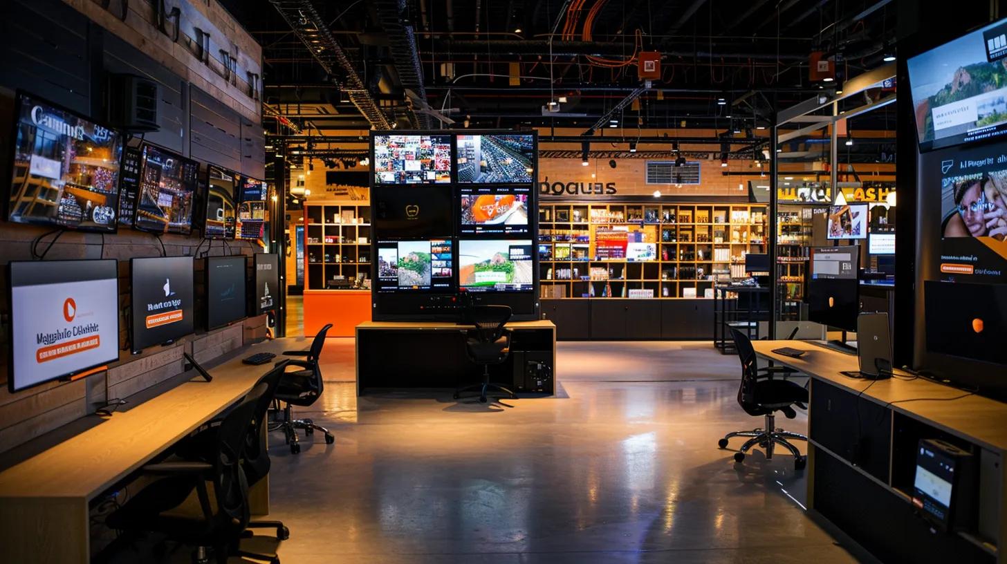 a vibrant e-commerce workspace filled with engaging digital content displays, showcasing a diverse range of multimedia elements such as blogs, videos, and testimonials, all under warm, inviting lighting that highlights the theme of innovative content marketing.