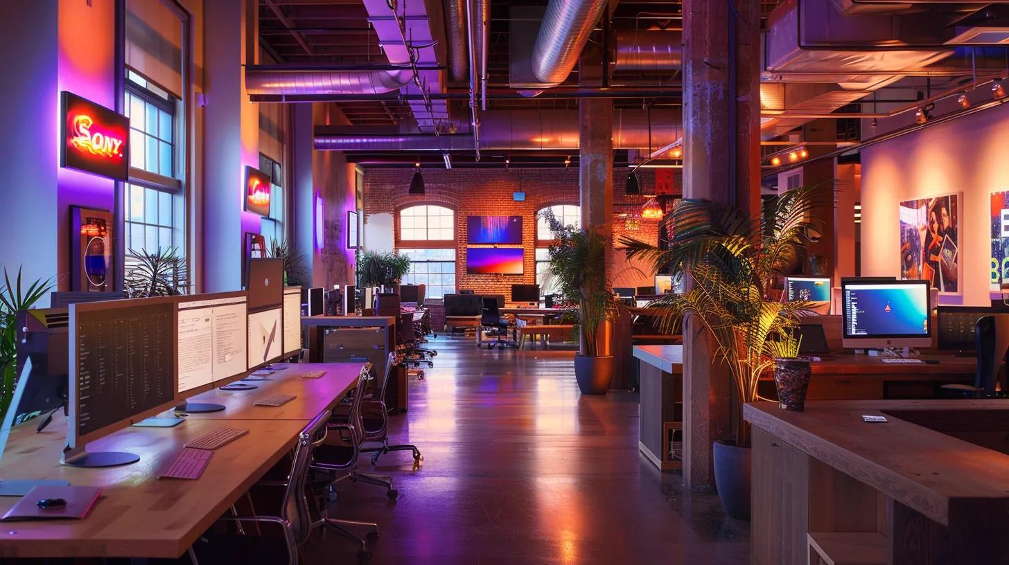 a vibrant, high-tech workspace filled with sleek computer screens displaying automated email marketing analytics, bathed in warm light, showcasing the dynamic energy of a small business focused on enhancing e-commerce engagement through innovative automation tools.