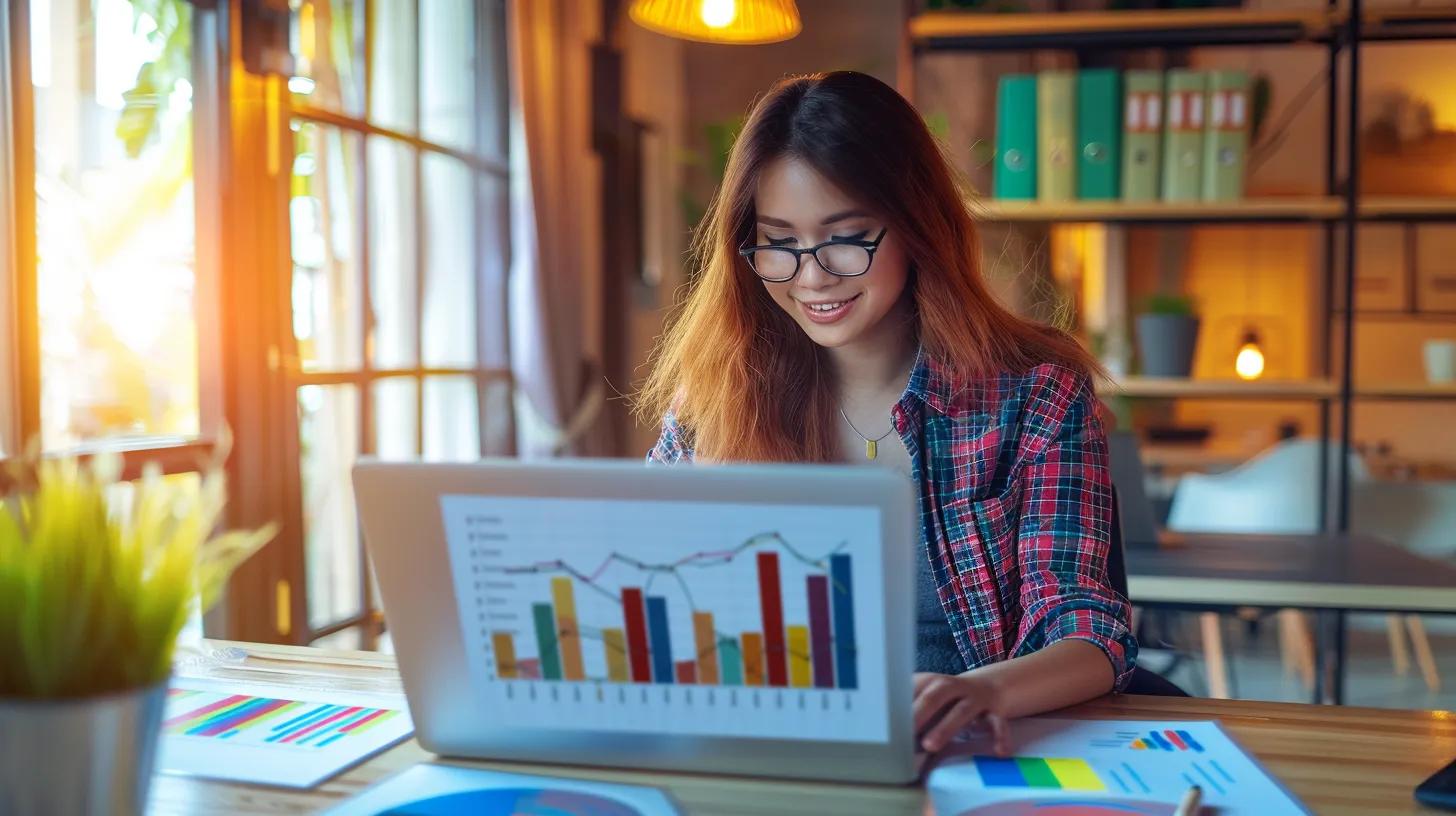 a vibrant, inviting workspace showcases a small business owner enthusiastically analysing a dynamic email marketing campaign on a sleek laptop, surrounded by colourful charts and graphs depicting customer engagement and retention strategies.