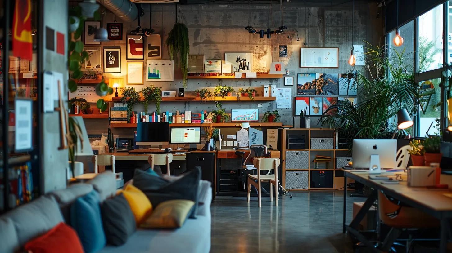 a vibrant, inviting workspace filled with creative marketing materials like infographics and customer testimonials, bathed in natural light, symbolising the dynamic engagement and innovation of a small business connecting with its community.